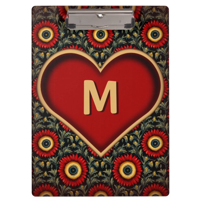 Customisable Red Vintage Monogram Heart Clipboard (Front)