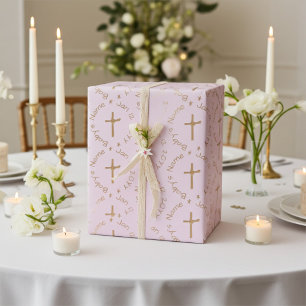 Customisable Religious Golden Cross on Misty Rose Wrapping Paper