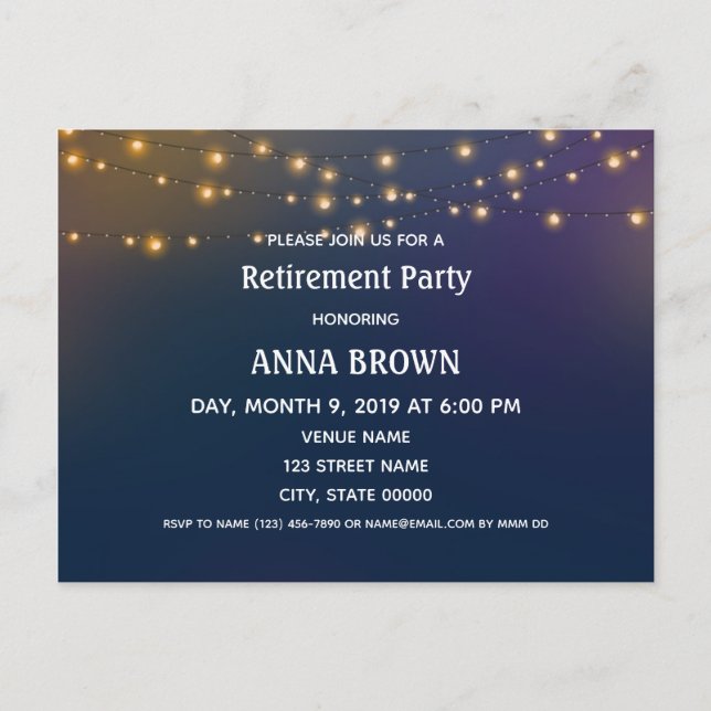 Customisable retirement invitation patio lights postcard (Front)