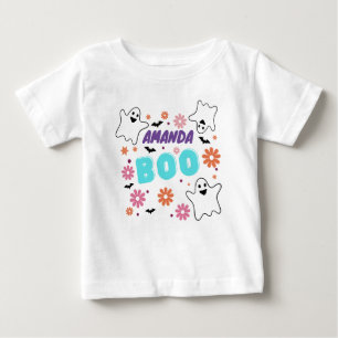 Customisable Retro Boo Halloween Floral Design Baby T-Shirt