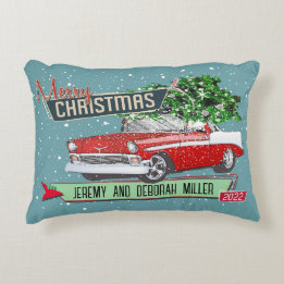 Customisable Retro Classic Car Christmas Holiday Decorative Cushion