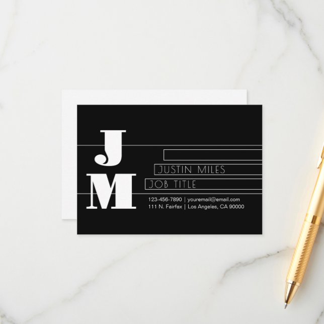 Customisable Retro-modern Black & White Monogram Enclosure Card (Front/Back In Situ)