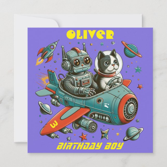 Customisable Retro Robot and Cat in Space (Front)