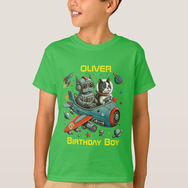 Customisable Retro Robot and Cat in Space T-Shirt (Front)