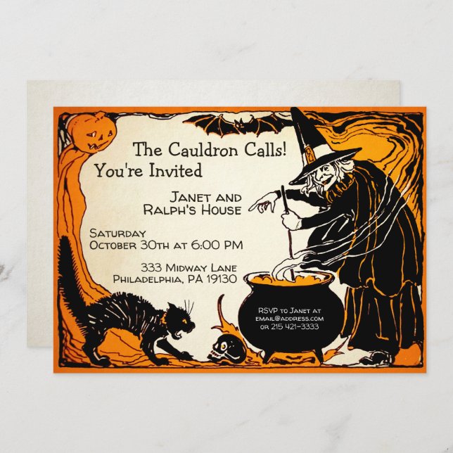 Customisable Retro Witch Halloween Invitation (Front/Back)