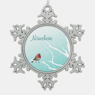 Customisable: Robin in a tree Snowflake Pewter Christmas Ornament