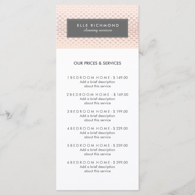 Customisable Rose Gold Menu Rack Card (Front)