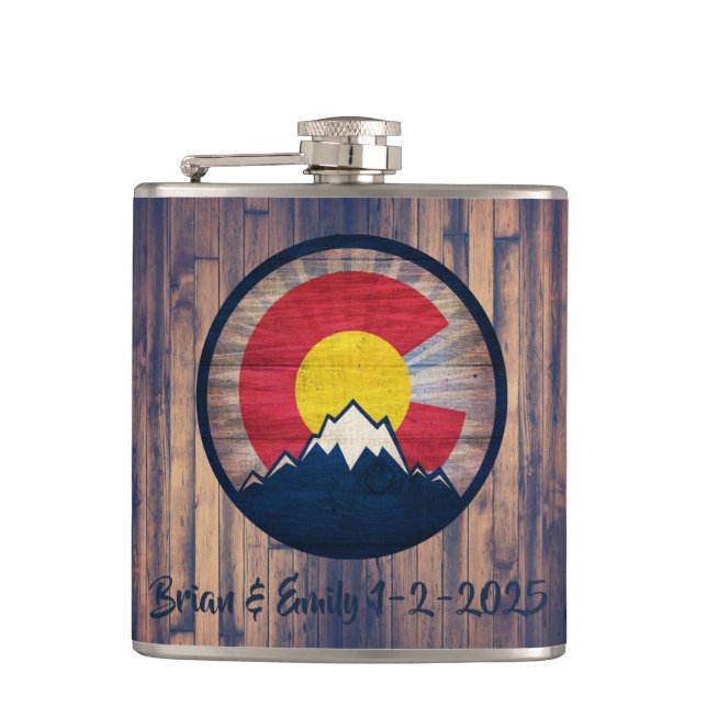 Customisable Rustic Colorado wood C flask (Front)
