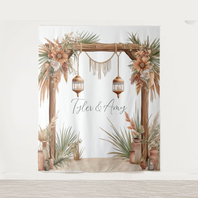 Customisable Rustic Floral Arch Wedding Backdrop Tapestry (Front)