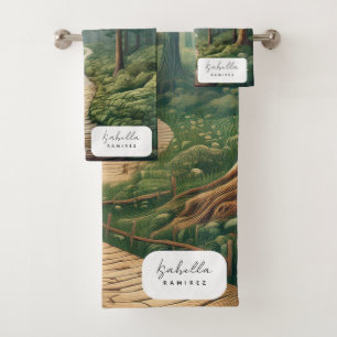 Customisable Rustic Forest Path with Name Bath Towel Set