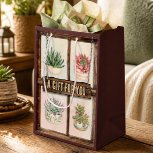 Customisable Rustic Four Potted Succulents Medium Gift Bag