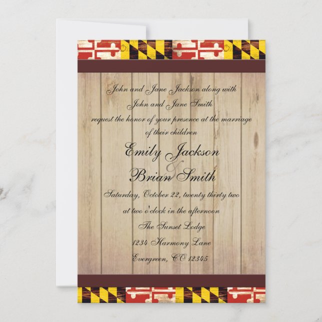 Customisable rustic Maryland flag wedding invites (Front)
