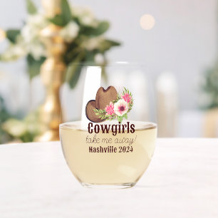 Customisable Rustic Pink Floral Cowgirl Stemless Wine Glass