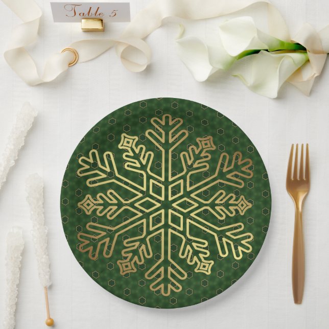 Customisable Sage Green & Gold Snowflake Paper Plate (Wedding)
