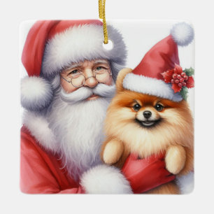 Customisable Santa with Pomeranian Dog Christmas Ceramic Ornament
