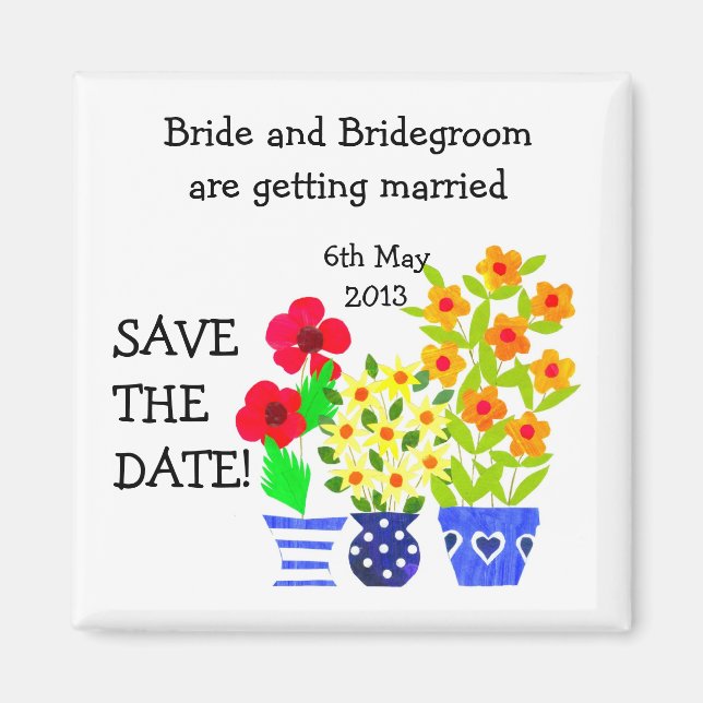 Customisable Save the Date Magnet, Flower Pots Magnet (Front)
