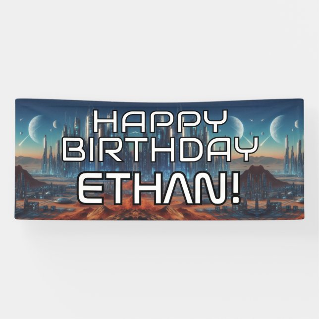Customisable Sci-Fi themedHAPPY BIRTHDAY with name Banner (Horizontal)