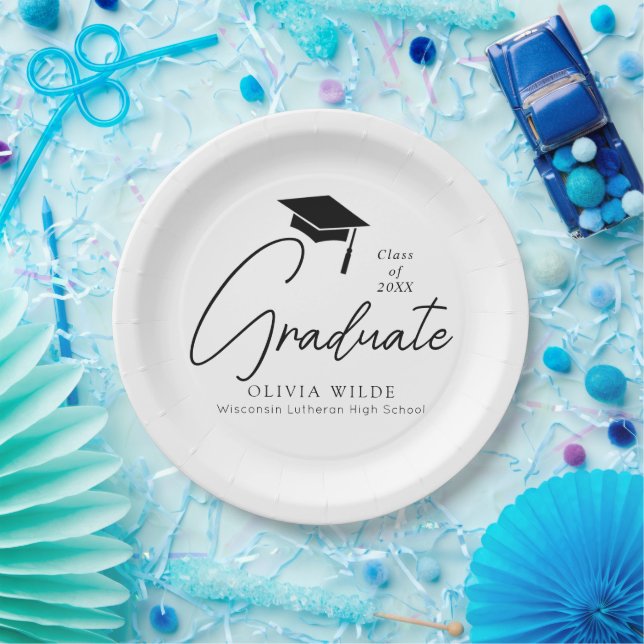 Customisable Script Black & White Graduation Paper Plate (Party)