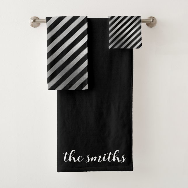 Customisable Silver and Black Stripes Towel Set (Insitu)