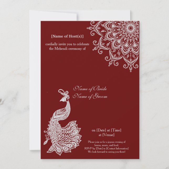 Customisable Silver Dark Red Mehendi Henna Indian Invitation (Front)