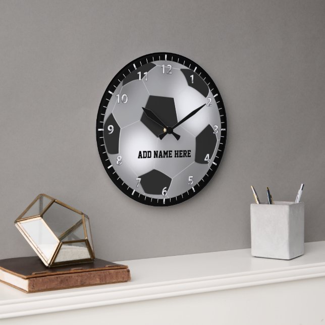 Customisable Silver Soccer Ball Large Clock (Office)