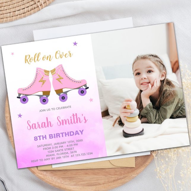Customisable Skating Party Invitations for Kids (Pink Glitter Skating Birthday Invitations w photo)