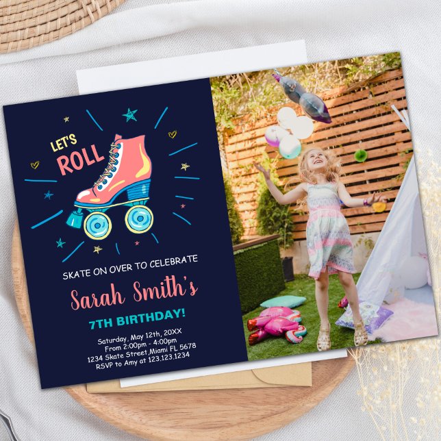 Customisable Skating Party Invitations for Kids (Art Girl Skating Birthday Invitations with photo)