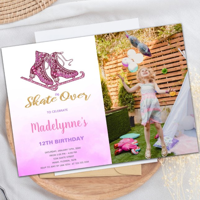 Customisable Skating Party Invitations for Kids (Pink Ice Skating Birthday Invitations with photo)