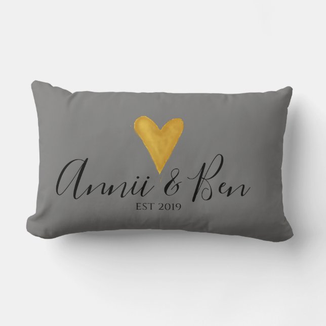 Customisable, slate grey. gold heart wedding lumbar cushion (Front)