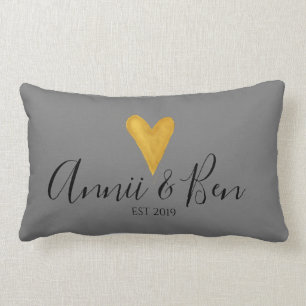 Customisable, slate grey. gold heart wedding lumbar cushion