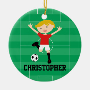 Customisable Soccer Boy 1 Red and White Ceramic Tree Decoration
