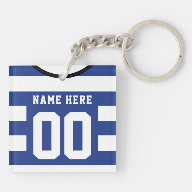 Customisable Soccer Jersey Keyring, Blue Stripes Key Ring (Back)