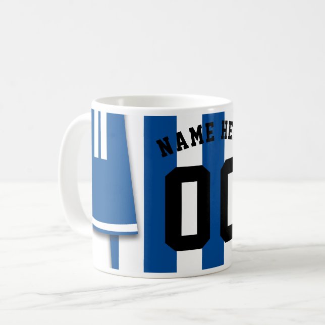 Customisable Soccer Jersey Mug, Blue Stripes Coffee Mug (Front Left)