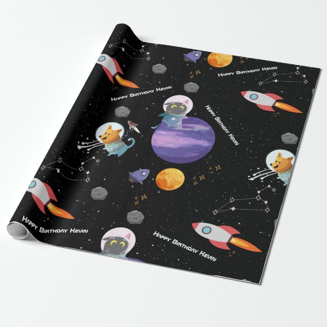 Customisable Space Animals Birthday  Wrapping Pape Paper (Unrolled)