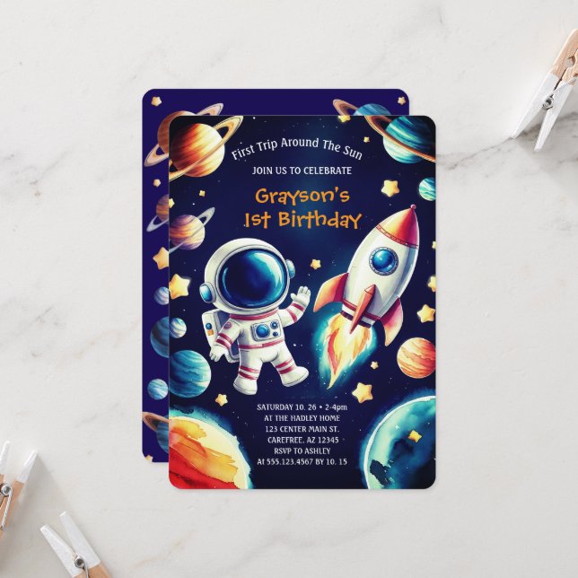 Customisable Space-Themed 1st Birthday Invitation  (Front/Back In Situ)