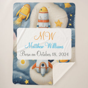 Customisable Space with Name, Monogram & Birthday Sherpa Blanket