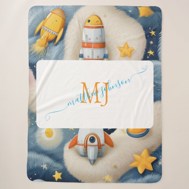 Customisable Space with Name & Monogram Sherpa Blanket (Front)