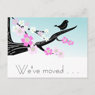 Customisable sparrow bird cherry blossoms graphic announcement postcard