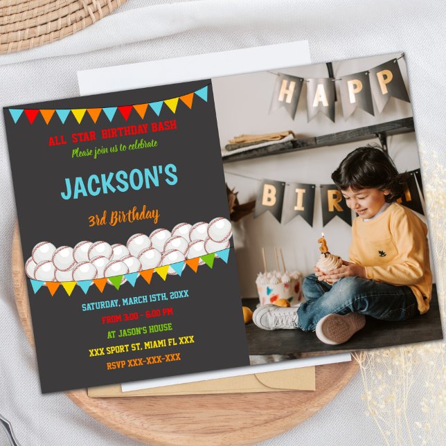 Customisable Sports Party Invitations for Kids (Baseball Birthday Invitations with photo)