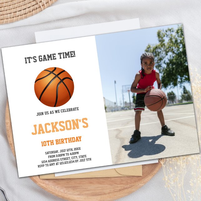 Customisable Sports Party Invitations for Kids (Basketball Ball White Invitations with photo)