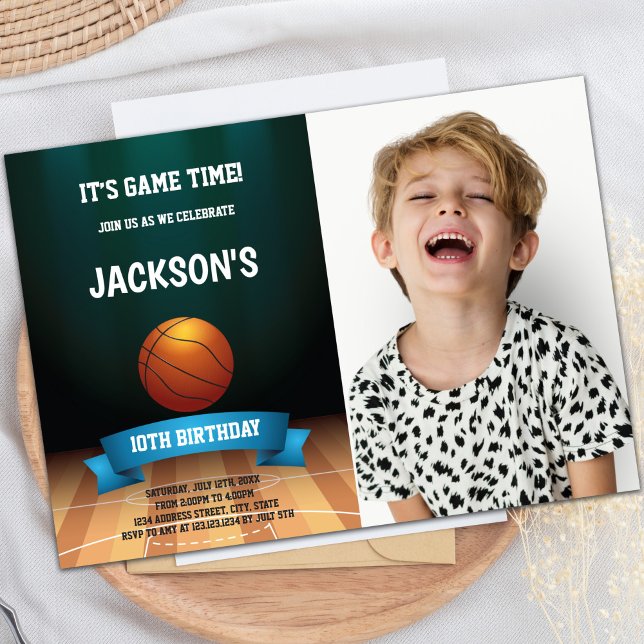 Customisable Sports Party Invitations for Kids (Basketball Floor Birthday Invitations with photo)