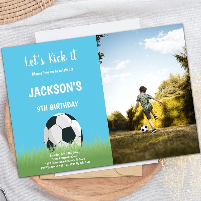 Customisable Sports Party Invitations for Kids (Blue sky Ball On Grass Soccer Birthday Photo Invitation)