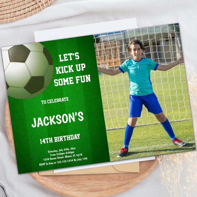 Customisable Sports Party Invitations for Kids (14th Soccer Birthday Invitations with photo)