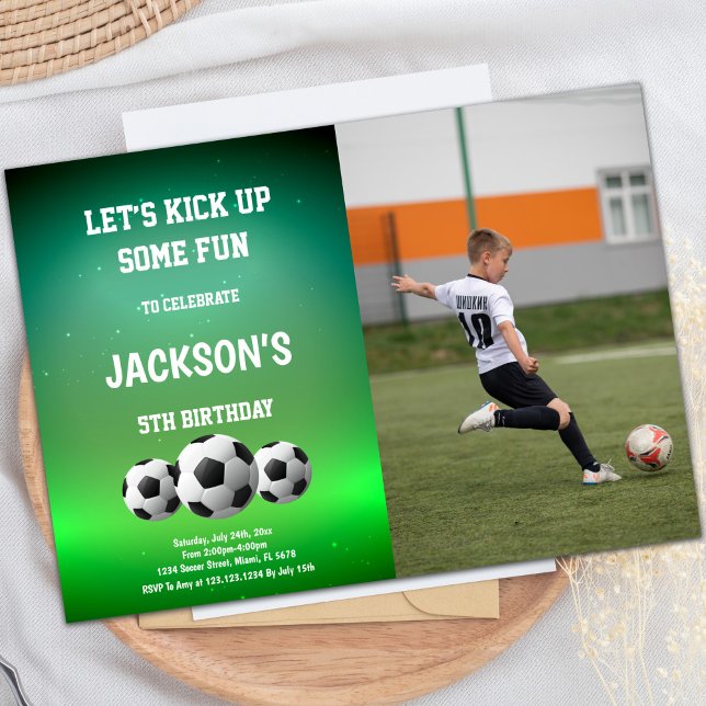 Customisable Sports Party Invitations for Kids (Three Balls Soccer Birthday Invitations with photo)