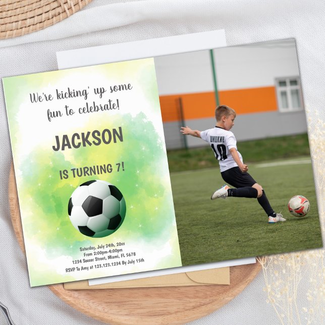 Customisable Sports Party Invitations for Kids (Cloud Yellow and green Soccer Birthday photo Invitation)