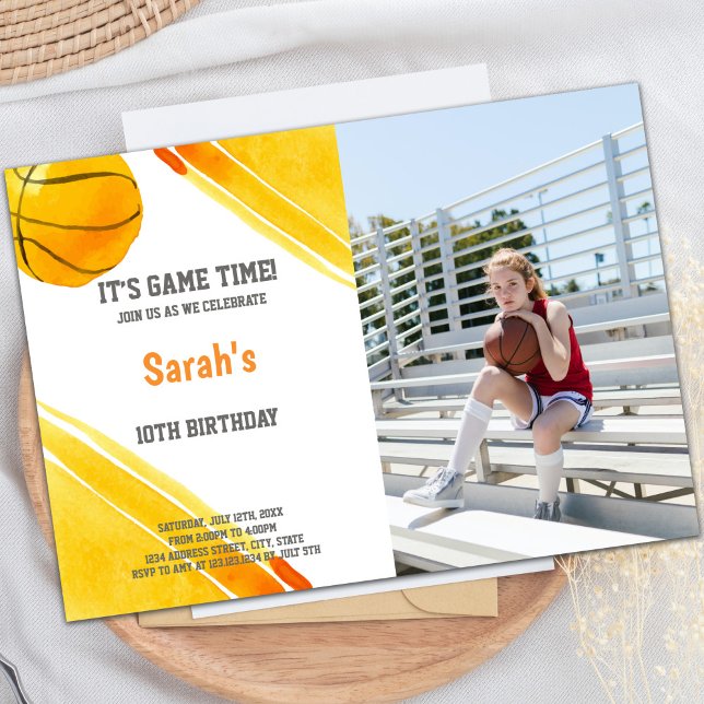 Customisable Sports Party Invitations for Kids (Orange Ball Watercolor Basketball Invitations phot)