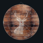 Customisable Spray Painted Deer on Wood Dartboard<br><div class="desc">Rustic wood patterned dartboard with white spray painted deer head silhouette and customisable text.</div>