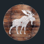 Customisable Spray Painted Moose on Wood Dartboard<br><div class="desc">Rustic faux wood patterned dartboard with white spray painted moose silhouette and customisable text.</div>