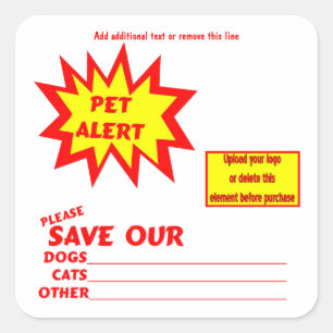 Customisable Square Emergency Pet Alert Stickers
