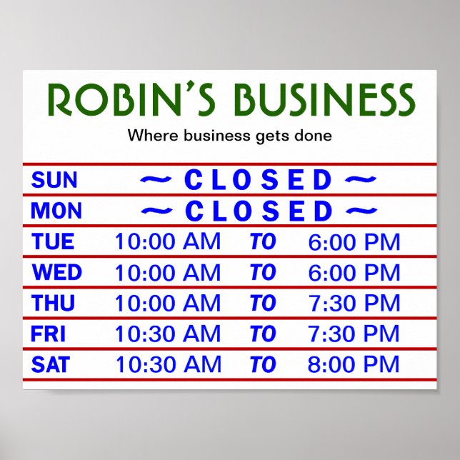 Customisable Store Hours Sign w/ YOUR Store Name! (Front)